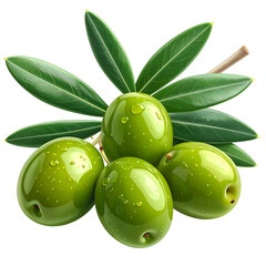 Close-up of four glossy green olives with water droplets, leaves, and stem on black