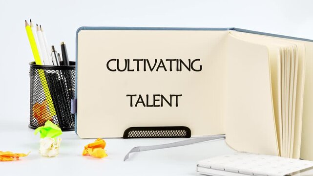 Word animation CULTIVATING TALENT. Explore the process of cultivating talent in technology with animation techniques in a vibrant workspace, showcasing creativity and innovation