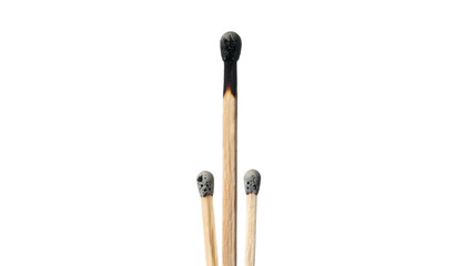 Three wooden matches, one charred, against a black backdrop, showcasing stages of use