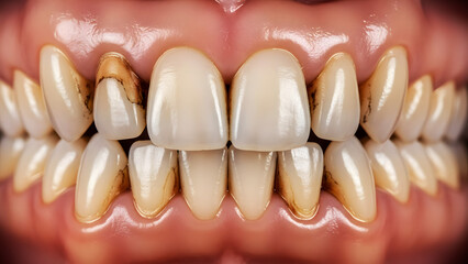 Close-up on teeth erosion from smoking and dental decay  