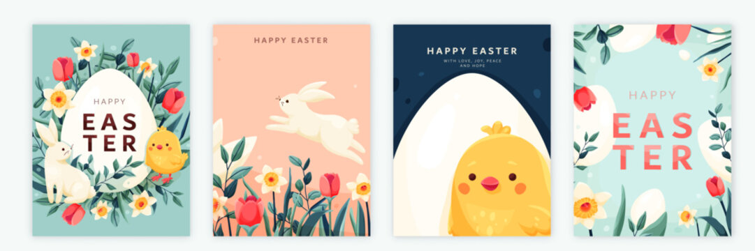 Happy easter vector background set. Spring greeting cards with easter bunny, eggs, chicken, flowers in modern cartoon style. Cute poster templates for packaging, decoration, social media post