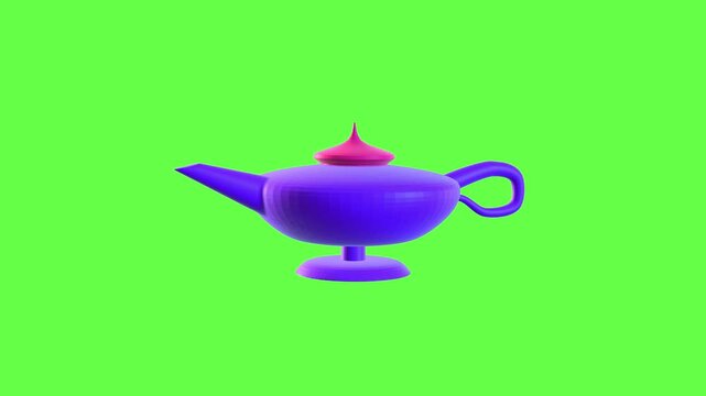 4K motion graphic 3D animation of aladdin lamp icon rotating on chroma key green screen background.