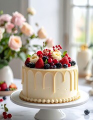 Elegant White Cake with Fresh Berries and Drip Icing on a Pedestal, Surrounded by Blurry Floral Decor.