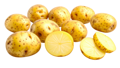 Close-up of several raw, golden potatoes, with one cut open to reveal the flesh