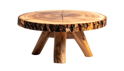 A rustic, circular wooden stool with a tree-slice top and three sturdy legs