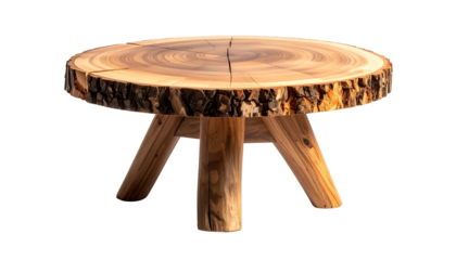 A rustic, circular wooden stool with a tree-slice top and three sturdy legs