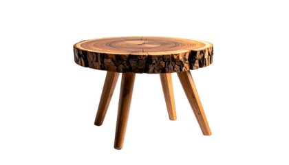 Wooden tree trunk slice table with three legs isolated on black background