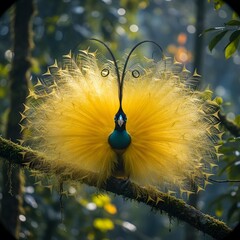 Greater Bird Paradise Exotic Plumage Golden Feather Forest Sunlight Tropical Wildlife Nature Concept Luxury