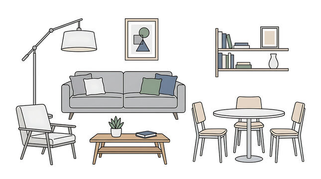Modern living room and dining room furniture set outline vector illustration
- Powered by Adobe