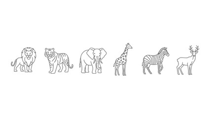 A collection of minimal black and white line art icons depicting various wild jungle and savanna animals including a lion tiger elephant giraffe zebra and deer