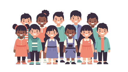 Illustration of a diverse group of children standing together with different skin tones and outfits on a plain white background.