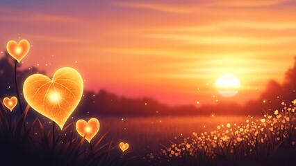 Enchanted glowing heart shaped leaves bloom magically in a field during a vibrant orange sunset creating a romantic and whimsical natural scene