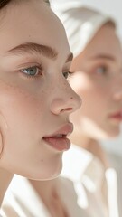 Close-up profile of a young womans face, with another woman blurred in the background, showcasing natural beauty and soft light.