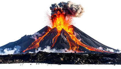Majestic volcano erupting, with molten lava, ash plume, and dark landscape, black backdrop
