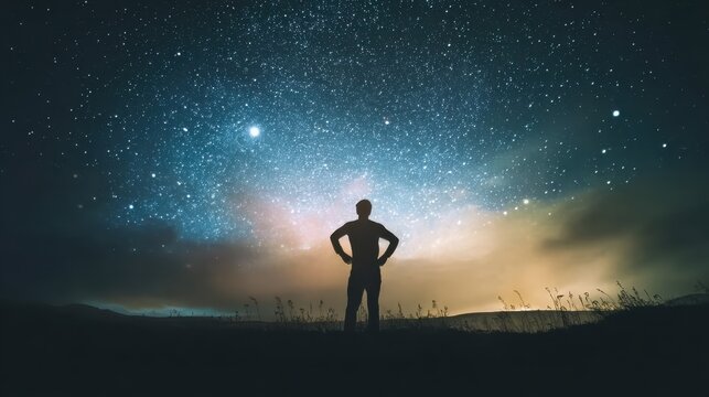 Man standing on mountain at night with starry sky and Milky Way, suitable for adventure, travel, inspiration, or nature theme designs. - Powered by Adobe