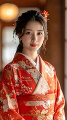 Beautiful young Japanese woman in traditional red kimono with floral patterns.