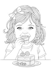 A girl is eating a cake. coloring book