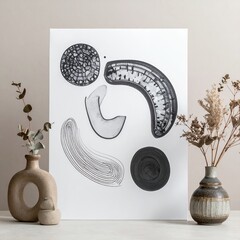 Abstract Black and White Organic Shapes on White Background with Vases and Dried Flowers.