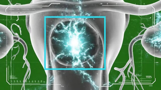 Cinematic 3D Scan Displaying PCOS-Related Hormonal Disruption Against Green Screen With Futuristic Interface and
