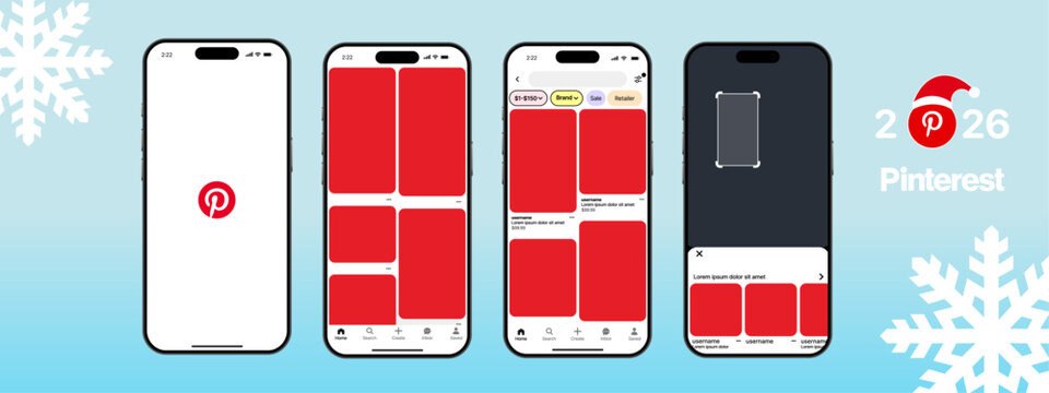 Pinterest UI mockup template. Visual discovery platform layout with pin board, user profile, and search interface. Website and mobile app design for inspiration and content sharing.	