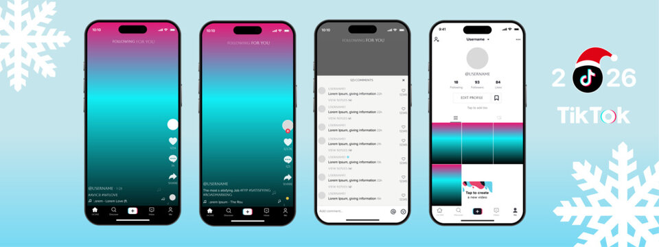 Tiktok. Tik tok mobile App interface template. Tiktok mockup social media template. mobile app interface template on social network. Tiktok Home, User, activity template.