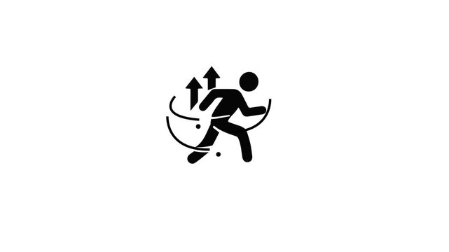 Dynamic running figure with circular arrows representing movement and energy in sports.