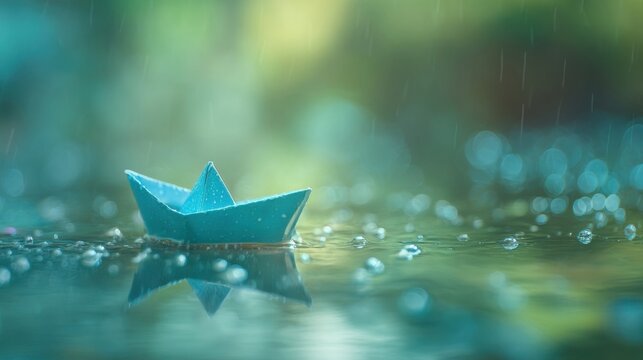 A blue origami dog floats on a calm turquoise lake with tiny water droplets,