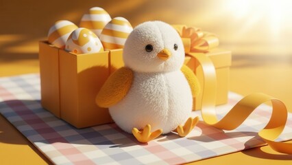 Cute fluffy chick sitting next to yellow gift box filled with colorful Easter eggs