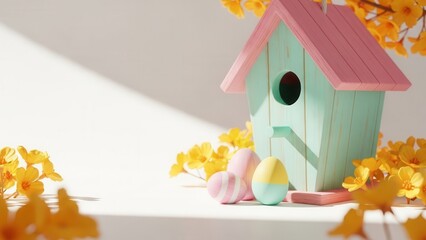 Colorful birdhouse with decorated Easter eggs surrounded by yellow flowers in sunlight