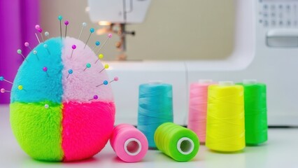 Colorful sewing egg with pins next to vibrant spools of thread on a sewing machine background with copy space
