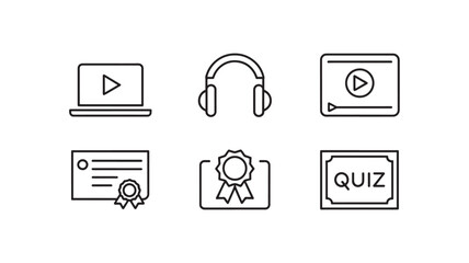 Online Course Icons with Laptop, Headphones, Video and Certificate, Ribbon, Quiz
