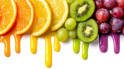 Colorful slices of fruit arranged with juice dripping on white background