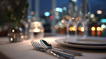 Elegant restaurant table set with tableware, warm candle light, and city lights background