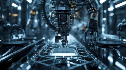 Robotic arm precisely placing microchip on automated assembly line in futuristic factory