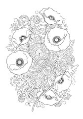 abstract pattern with poppies. adult coloring book
