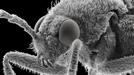 Macro insect head and compound eye with antennae, microscopic detail, black background