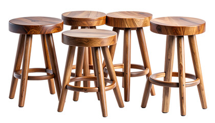 Five wooden stools of varied heights, showcasing intricate grain patterns