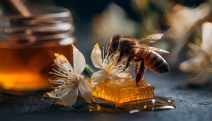 Honey Bee Standing on Honey Cube with Blossom and Jar
