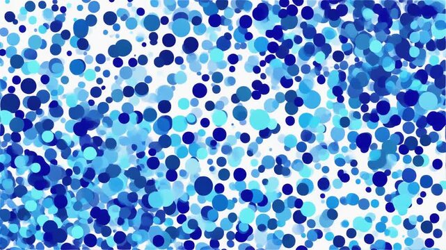 Seamless animated background. Abstract design featuring a dense scattering of vibrant blue and cyan dots, confetti, or circles randomly filling a white screen. Minimalist festive loop motion graphic.