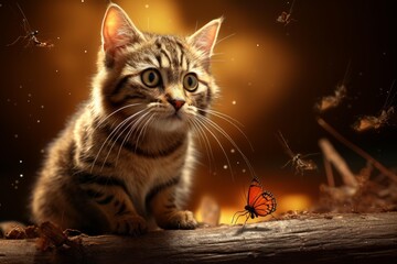 Tabby kitten looking curiously at an orange butterfly and flying insects in warm light