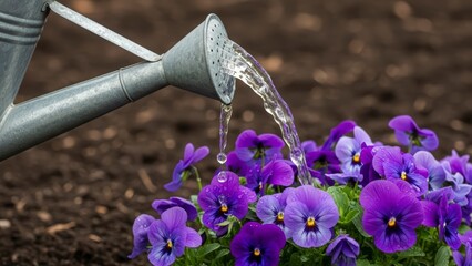 Watering a bed of vibrant purple pansy flowers with a watering can.