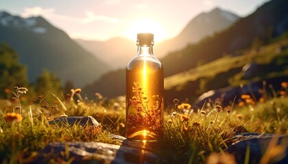 A bottle filled with amber liquid sits outdoors, back-lit by the setting sun, flowers in foreground and mountains in the background