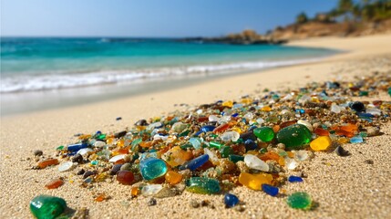 close up illustration of white beach sand mixed with thousands of bright multi colored plastic granules and small nurdles, environmental pollution concept, high angle view, vivid colors, copy 