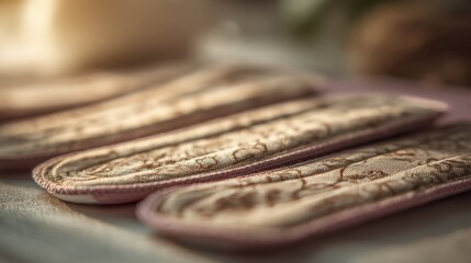 Medium shot of ecofriendly cloth pads neatly laid out with soft natural lighting highlighting texture focusing sharply on the pad while background fades softly.