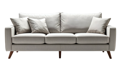 A modern, neutral-toned sofa with three cushions, two pillows, and wooden legs