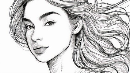 Fototapeta premium Elegant Portrait of a Woman with Flowing Hair in Pencil Sketch.