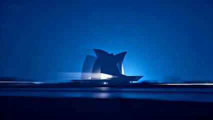 Skyline of a minimalist abstract architectural group with a deep blue gradient; against a vast, radiant background