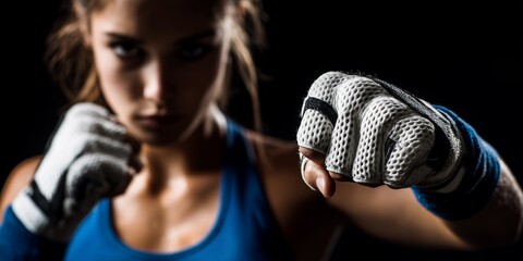 Focused female fighter wearing white athletic wraps and a blue tank top prepares to strike in the dark, concept for athletic determination, boxing training promotion and fitness challenge banners