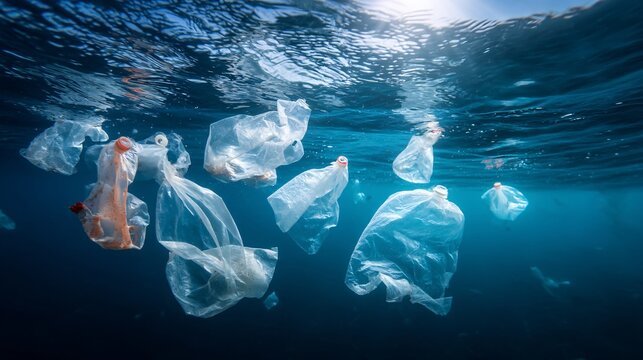 detailed illustration showing microscopic plastic particles floating in ocean water, highlighting how microplastics spread invisibly through marine ecosystems and threaten aquatic life and environment