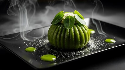 Steaming matcha mousse dessert with green tea sauce